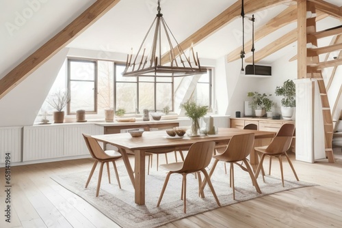 Dining table and chairs in attic with wood beams. Scandinavian interior design of modern dining room © Carlos