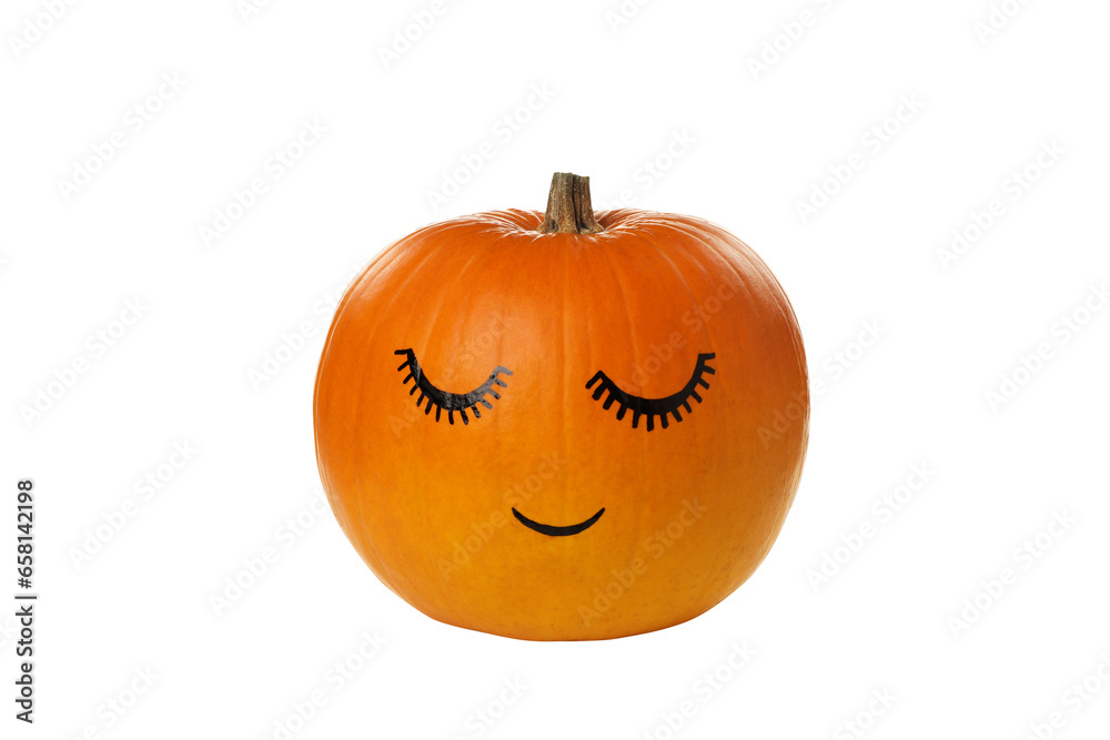 Obraz premium PNG, Pumpkin with eyelashes and white flowers, isolated on white background