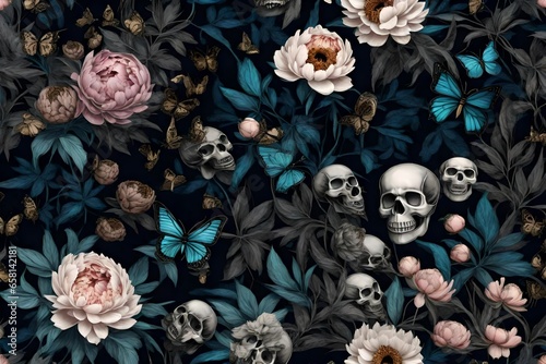 Vintage floral seamless wallpaper with skulls, peonies, butterflies. Dark botanical background. Repeating pattern for design of fabric, paper, wallpaper, canvas. Hand drawn 3d illustration