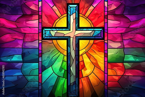 Illustration in stained glass style with cross on the background of the stained glass window