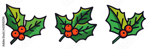 Christmas holly berry leaves icon. Cartoon Christmas icons set.