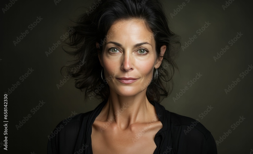 Selbstbewusste reife Frau mit dunkelen Haaren im Studio - Ideal für Kosmetik, Hairstyling, Lifestyle und Mode. Porträt einer attraktiven 50+ Frau vor neutralem Hintergrund. Selbstbewusste reife Frau mit dunkelen Haaren im Studio - Ideal für Kosmetik, Hairstyling, Lifestyle und Mode. Porträt einer attraktiven 50+ Frau vor neutralem Hintergrund.