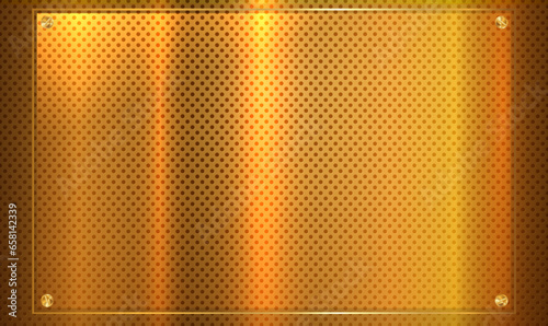 Transparent glass banner on perforated gold sheet metal background. Glass transparent plate on a metallic background. Gold perforated metal plate. Chrome metal surface, speaker grill. Vector EPS10.