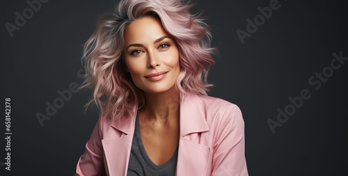 Selbstbewusste 30+ Frau mit Grau-Rosa Haaren - Perfekt für Kosmetik, Hairstyling und Mode