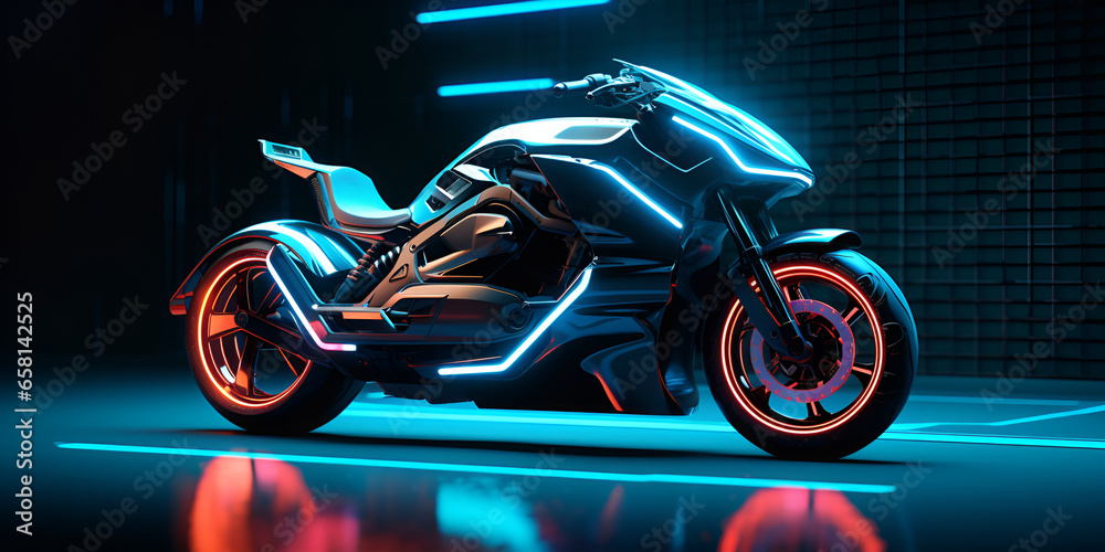 A motorcycle with neon lights and a motorcycle on the side.