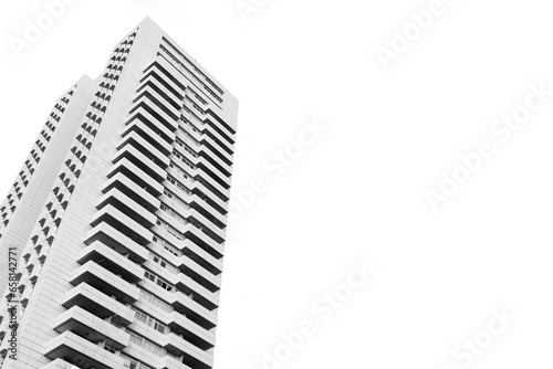 Low angle view of a modern white skyscraper in perspective with transparent background and copy space. Architecture background concept
