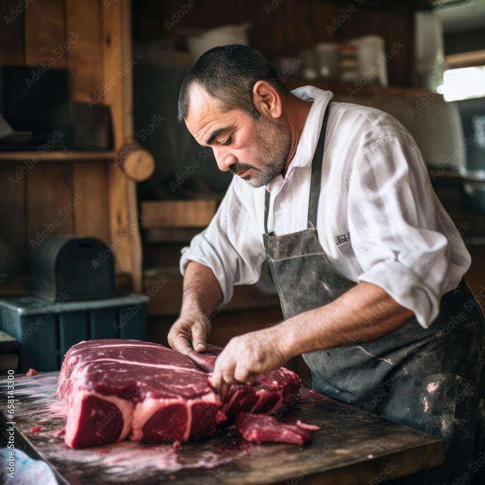 armenian butcher cuts beef.