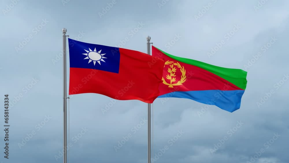 Eritrea and Taiwan flag waving together on cloudy sky, endless seamless loop, two country cooperation concept Eritrea and Taiwan flag waving together on cloudy sky, endless seamless loop, two country cooperation concept