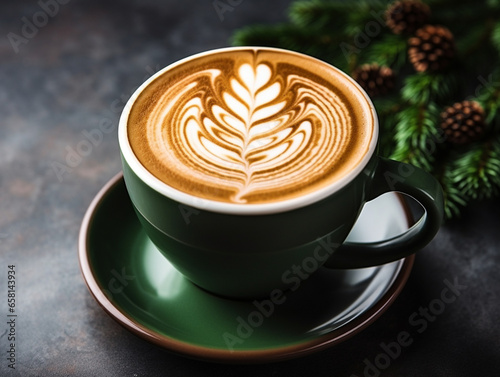 Latte art coffee cup with Christmas tree. pine leaves in the background. Christmas winter concept