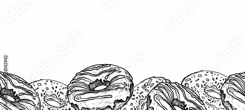 Border sketch illustration of a sweet doughnut cake. Confectionery sweets. Hand-drawn. An engraving in vintage style. Drawing for the cafe menu. 