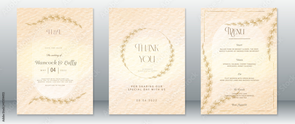 Golden wedding invitation card template luxury design with gold leaf wreath frame and watercolor background