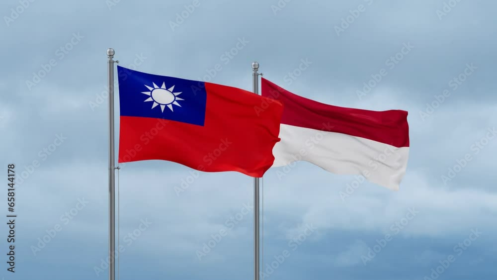 Indonesia flag and Taiwan flag waving together on cloudy sky, endless seamless loop, two country relations concept Indonesia flag and Taiwan flag waving together on cloudy sky, endless seamless loop, two country relations concept