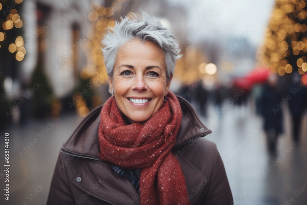 Portrait of happy mature woman in coat and scarf on Christmas street Portrait of happy mature woman in coat and scarf on Christmas street