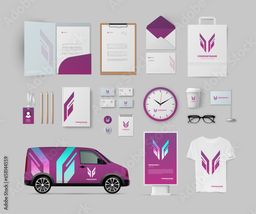 Brand Identity Mock-Up of stationery set for modern company. Business office stationary mockup for IT or tech firm. Company Car Mock-up. Advertising promo elements. Editable vector template.