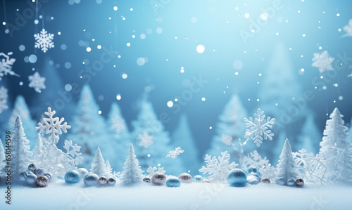 Winter snow forested landscape with Christmas ornaments background. Snow fall in night sky scene.
