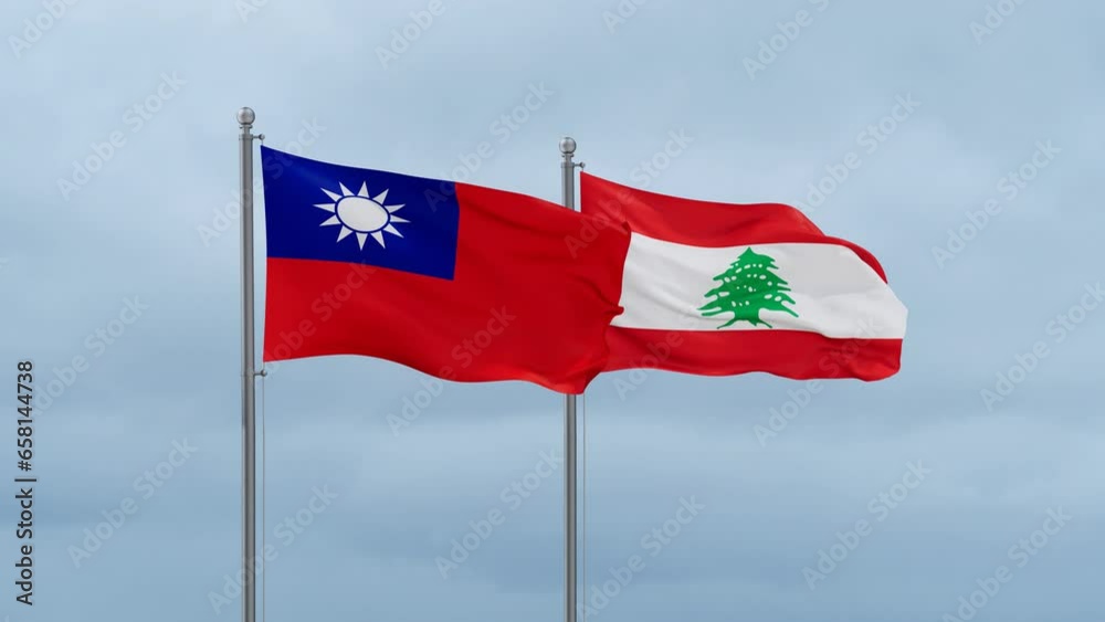 Lebanon flag and Taiwan flag waving together on cloudy sky, endless seamless loop, two country relations concept Lebanon flag and Taiwan flag waving together on cloudy sky, endless seamless loop, two country relations concept