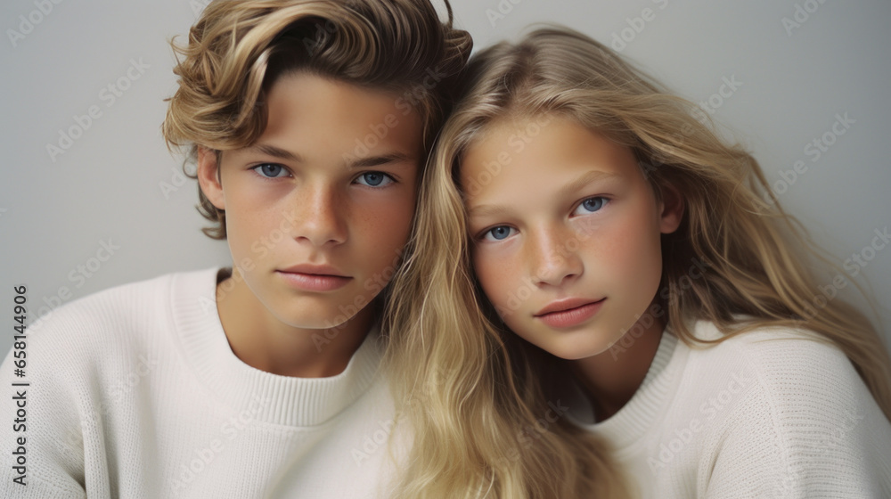 portrait studio d'un garçon et d'une jeune fille qui sont frère et soeur portrait studio d'un garçon et d'une jeune fille qui sont frère et soeur