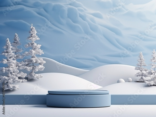 Winter sale product banner, podium platform, forested landscape and snow background © Mangsaab