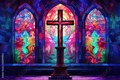 Illustration in stained glass style with cross on the background of the stained glass window