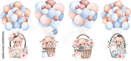 Watercolor illustration set of Teddy bear and balloons