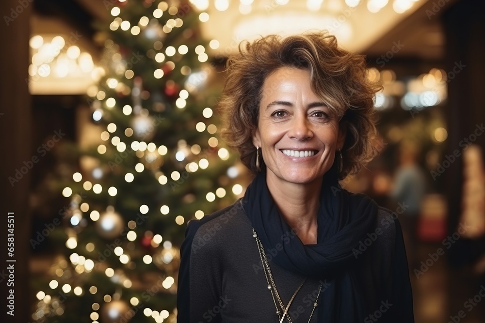 Portrait of happy mature woman with christmas tree in the background Portrait of happy mature woman with christmas tree in the background