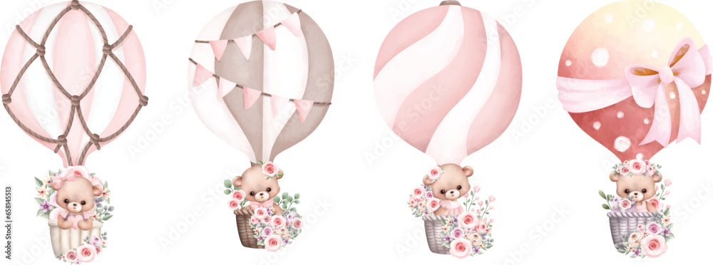 Watercolor illustration set of Teddy bear in Hot air balloon Stock ...