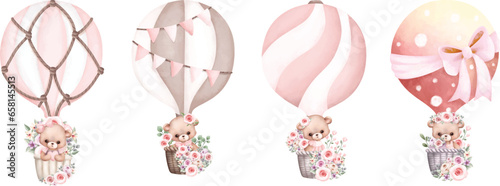 Watercolor illustration set of Teddy bear in Hot air balloon