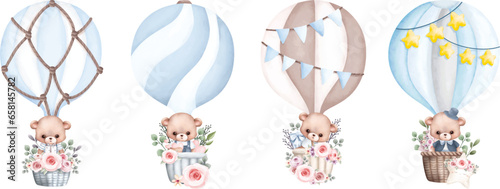 Watercolor illustration set of Teddy bear in Hot air balloon