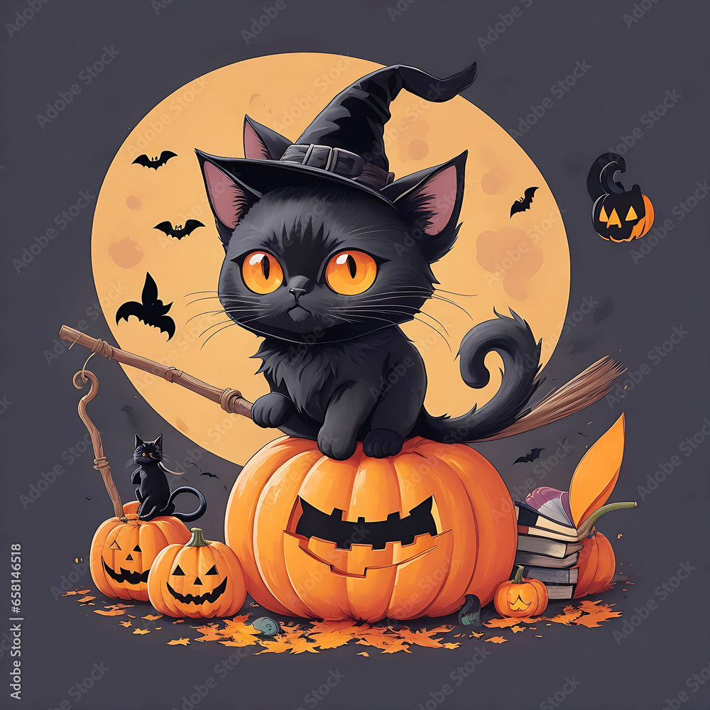 A colorful cute black cat on  a plumkin