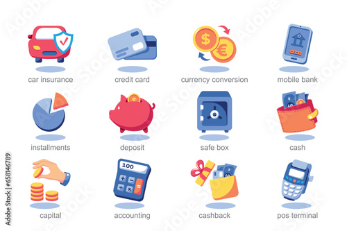Icon set banking in flat cartoon style. These elements, ranging from money bags to ATMs, are perfect for adding lighthearted touch to banking websites and educational resources. Vector illustration.
