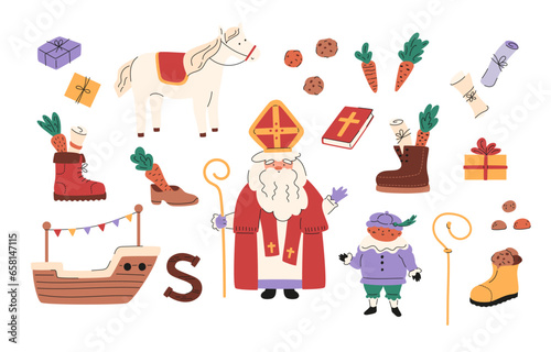 Sinterklaas holiday elements in doodle style. Saint Nicholas, little piet, cute horse, ship, cookies and carrots in shoes, gift boxes, drawing in boot. Chocolate letter. Vector illustration set.