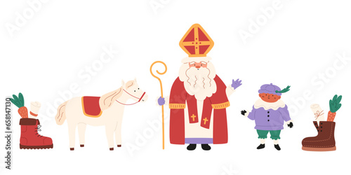 Sinterklaas elements set. Saint Nicholas waving his hand, little piet boy, cute horse, carrots and drawings in shoes. Vector illustration. Childish characters.