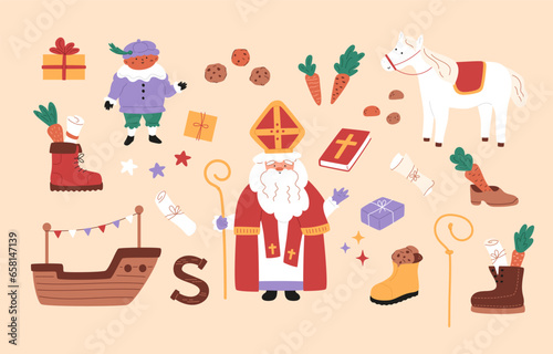 Sinterklaas holiday elements. Saint Nicholas, cute horse, little piet, ship, cookies and carrots in shoes, gift boxes, paper roll. Chocolate letter and decorative stars. Vector illustration.