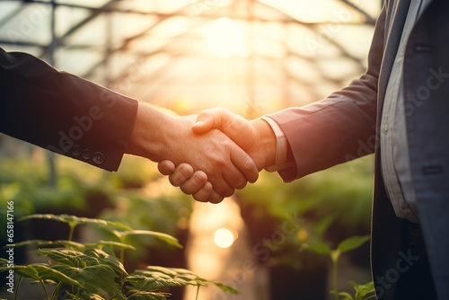 Hands shake in firm agreement beneath the softly diffused sunlight of translucent greenhouse panels, with a blurred backdrop of varied crops symbolizing a united venture in sustainable, controlled far photo