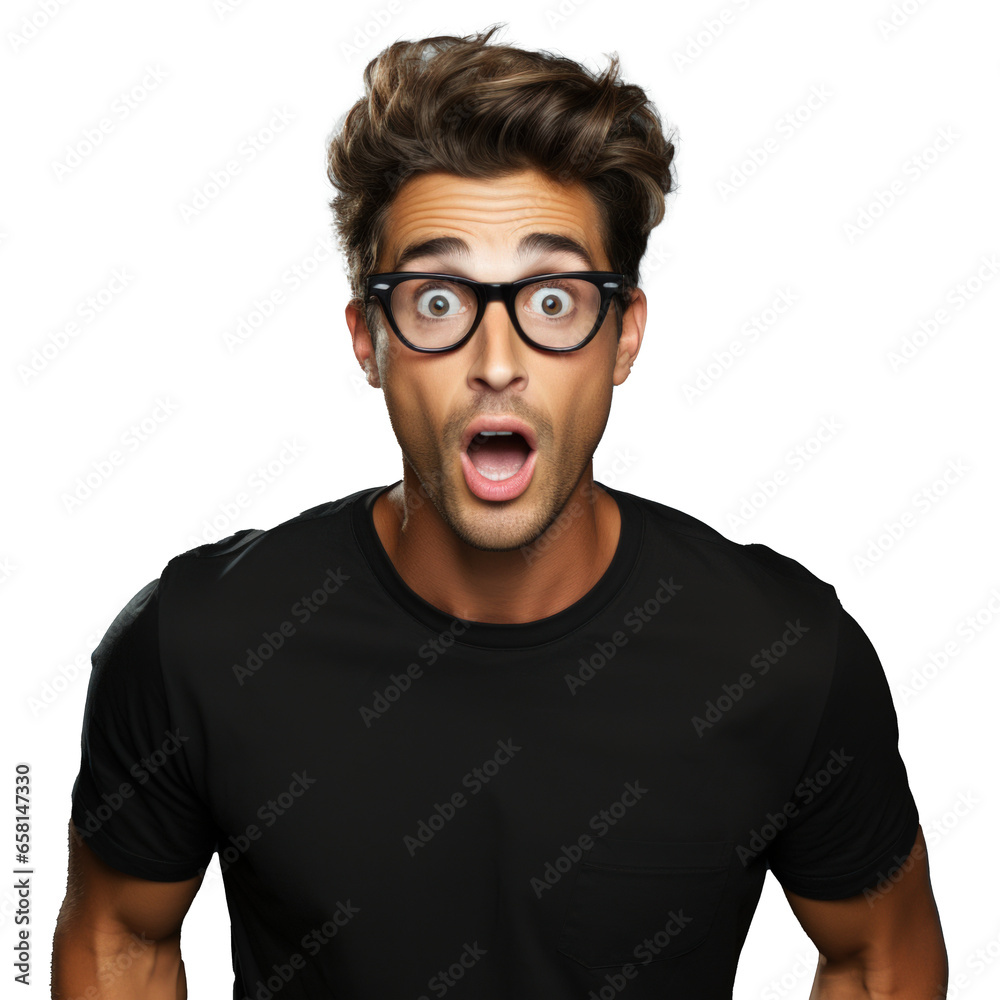 Shocked and Surprised Expression Man, or Excited and Amazed Guy in Eye Glasses. Close up high quality photography lifestyle stock photo style. Great for YouTube Video images.
