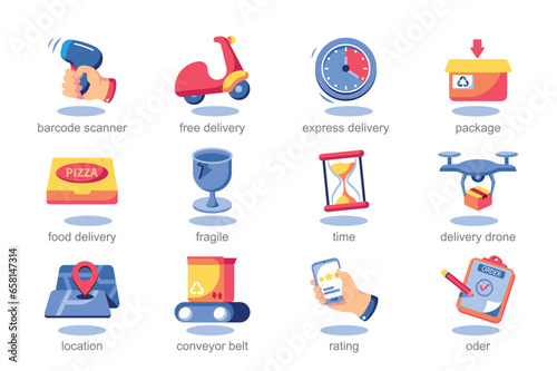 Icon set delivery in flat cartoon style. Image show all: from smiling delivery personnel to cute packages, these icons add approachable vibe to delivery-related content. Vector illustration.