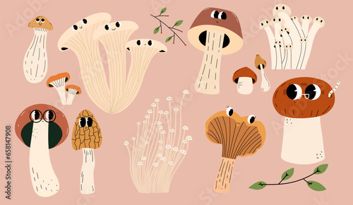 Cartoon different edible mushrooms characters set. Vector hand draw illustration.