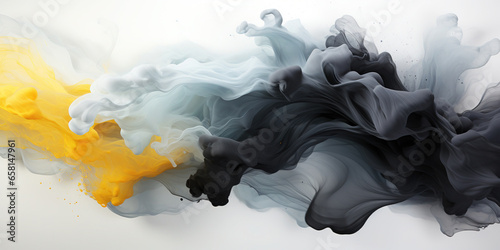 Yellow Black and White Liquid Smoke Splashing on White Abstract Backdrop