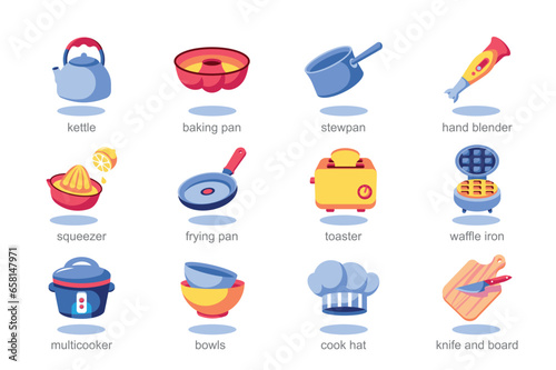 Icon set kitchen in flat cartoon style. This image show all kitchens tools: from sizzling pans and fresh produce to cheerful chefs and mouthwatering dishes. Vector illustration.