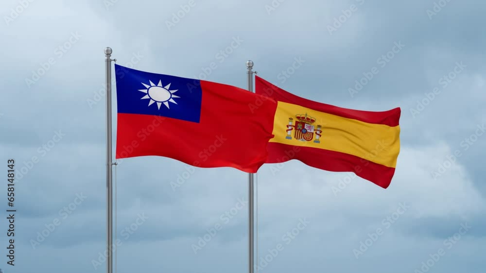 Spain and Taiwan flag waving together on cloudy sky, endless seamless loop, two country cooperation concept Spain and Taiwan flag waving together on cloudy sky, endless seamless loop, two country cooperation concept