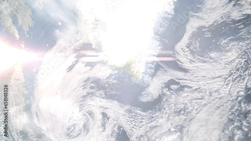 Zoom in from space and focus on Qaqortoq, Denmark. 3D Animation. Background for travel intro. Elements of this image furnished by NASA