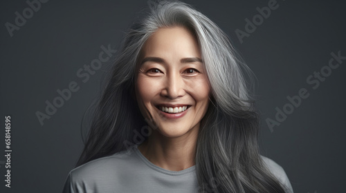 Beautiful aging mature asian woman with long gray hair and happy smiling touch face. Beauty and cosmetics skincare advertising concept. Generative Ai photo