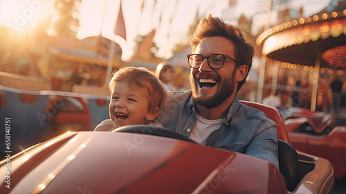 Cheerful father and son and have fun while driving a bumper car in an amusement park. Generative Ai photo