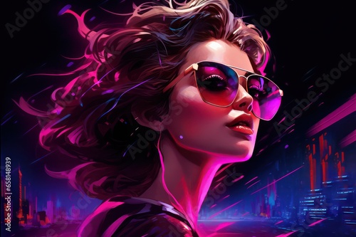 beautiful woman at party synthwave style portrait with neon pink light. Female face closeup with sunglasses on.