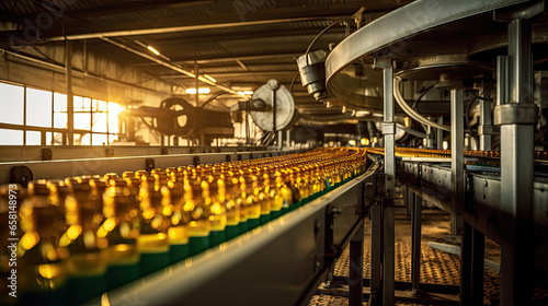 Conveyor belt for vegetable oil bottles inside a vegetable oil production factory. Generative Ai