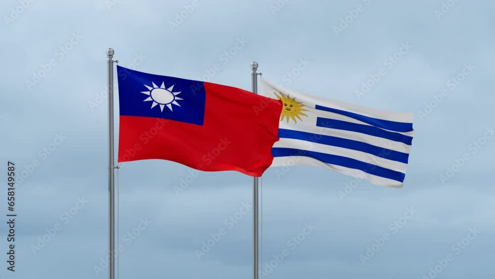 Uruguay and Taiwan flag waving together on cloudy sky, endless seamless loop, two country cooperation concept Uruguay and Taiwan flag waving together on cloudy sky, endless seamless loop, two country cooperation concept