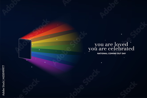 National Coming Out Day Banner. LGBT Rainbow Color Light Shining from an open door with soft glow and sparkles. You are loved, you are celebrated text. Vector Illustration.
