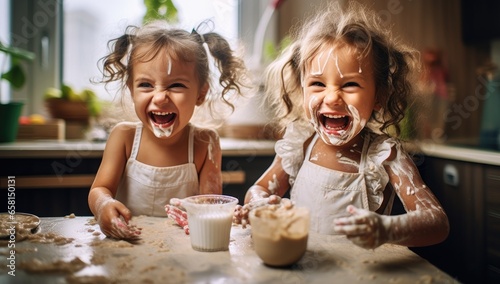Twin sister cooking and playing with flour in the kitchen background.