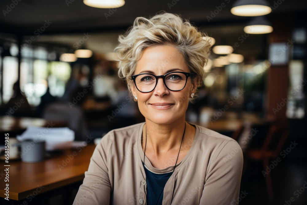Smiling woman in eyeglasses in office. Created with AI. Smiling woman in eyeglasses in office. Created with AI.