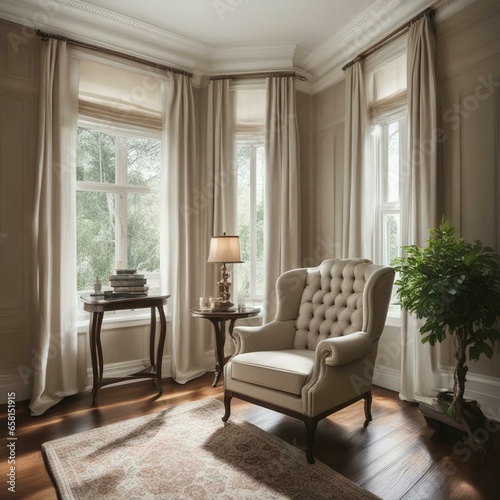 Wingback chair near window. Classic home interior design of living room. © Carlos